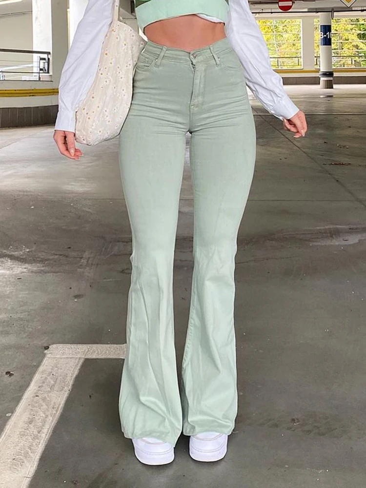 

2022 New Micro Flared Jeans Solid Color Fashion Mid Waist Self Cultivation Straight Denim Trouser Simple Casual Skinny Jean Pant