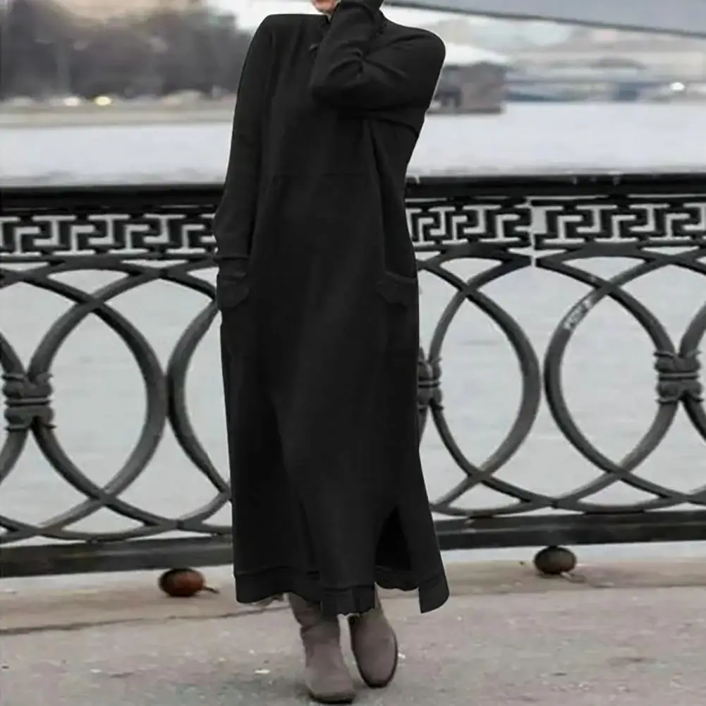 

Fashion Sweatshirt Dress Fleece Lining Side Split Maxi Dress Fall Winter Pure Color Casual Sweatshirt Long Dress