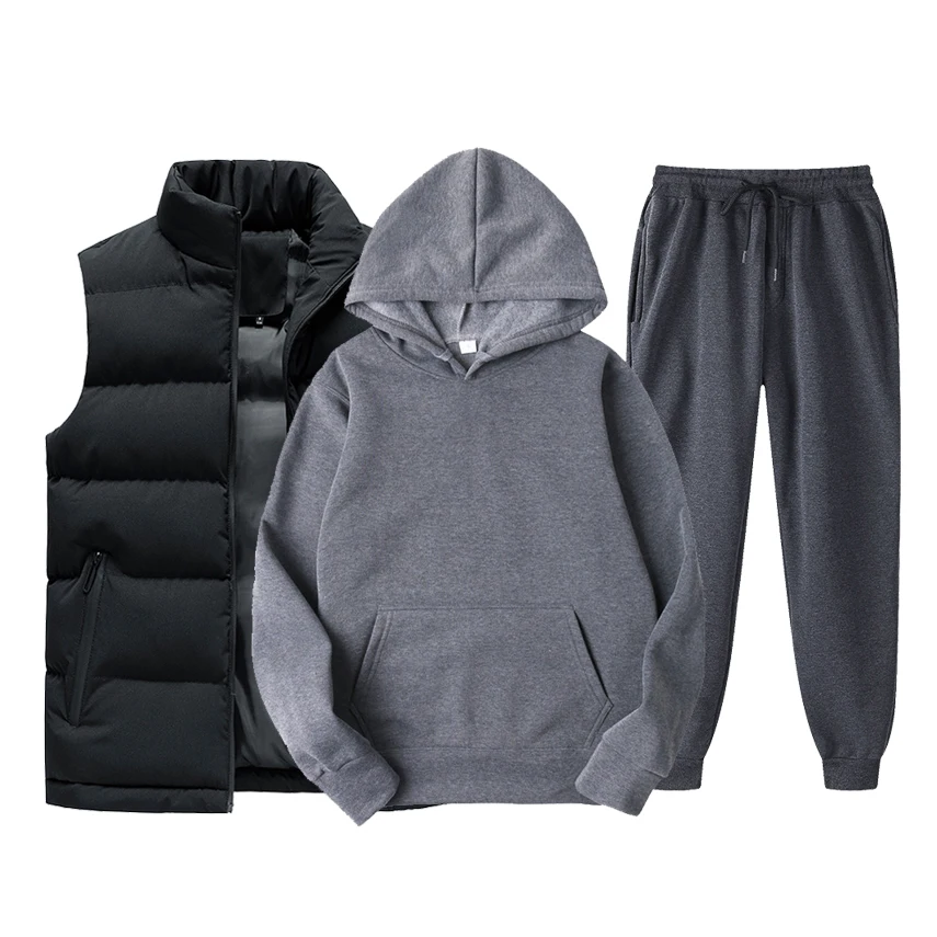 Brand Men Solid Color Casual Sets New Men's Vest + Hoodies + Pants 3 Piece Tracksuit Trendy Sportswear Set Male Men Clothing Set