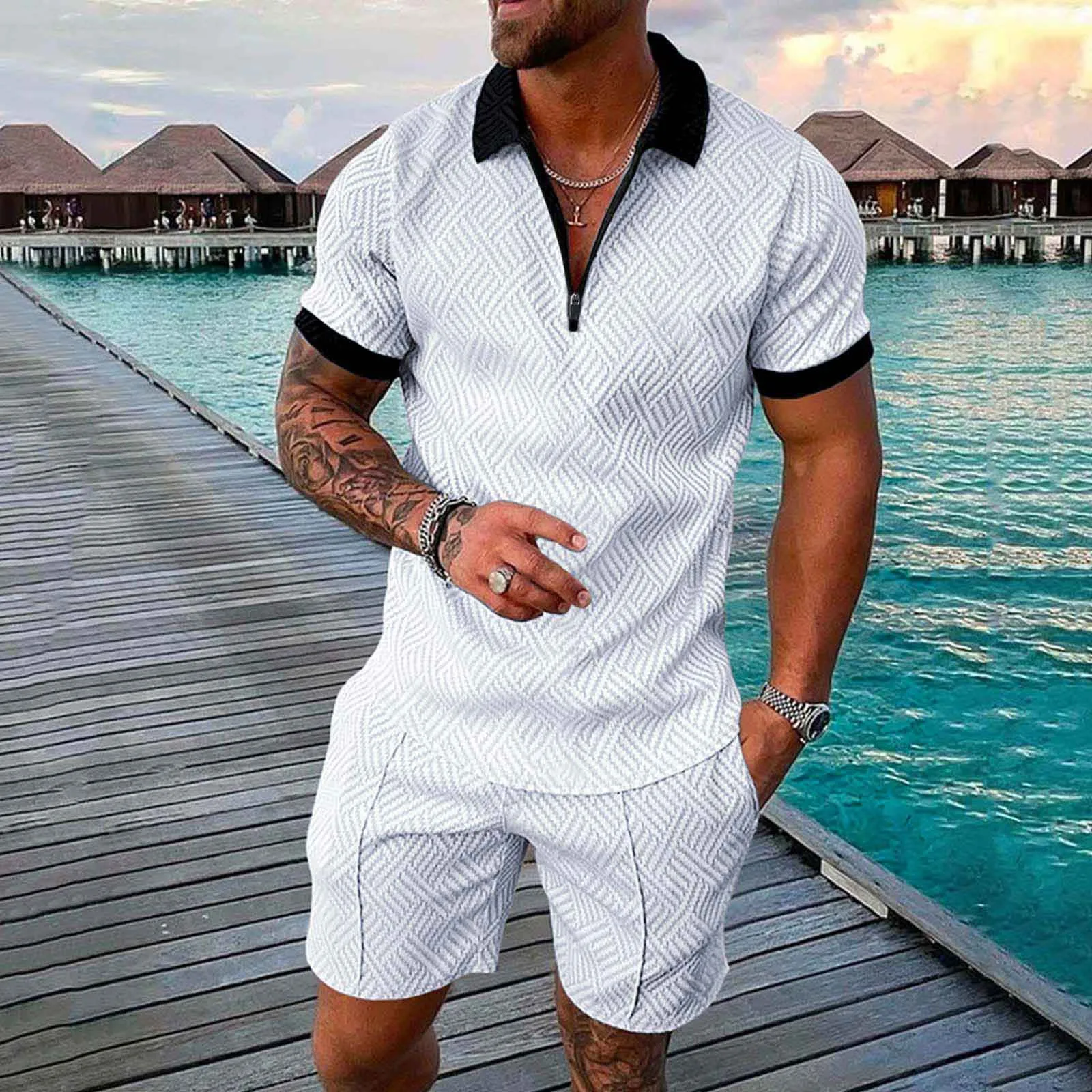 

Hawaiian Two Piece Set Male Summer Casual Corrugation Zipper Turn Down Collar Tee Shirt Short Sleeve Tops Tee Tops Shorts Suit