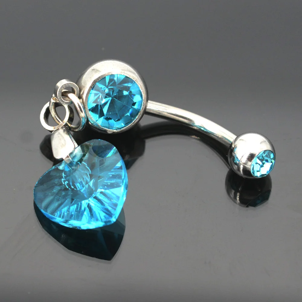 

1.6x10mm Bare Lake Blue Crystal Heart Belly Bar Surgical Steel Dangle Navel Piercing Jewelry Belly Button Rings Zircon Earrings