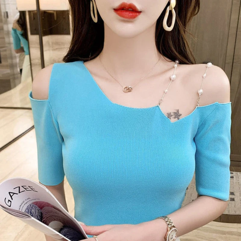 

Woman Knitted Sweater Tops Female T-shirt Knitted Half Sleeve Bottoming Slim Sweaters Pullover Ladies Jumper Soft Cloth A10