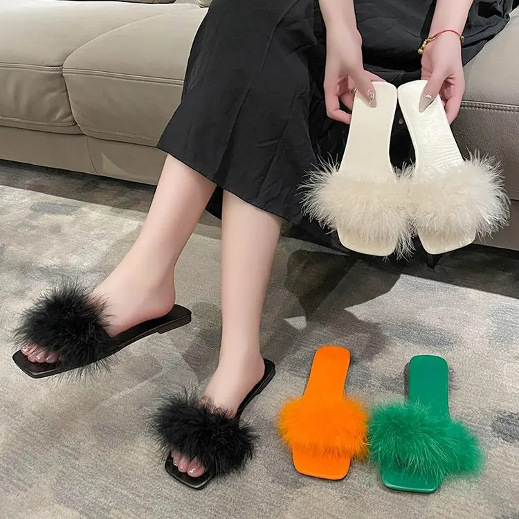 

Сандалии женские с перьями, пляжные шлепанцы на плоской подошве, роскошные модные босоножки с натуральным мехом, лето