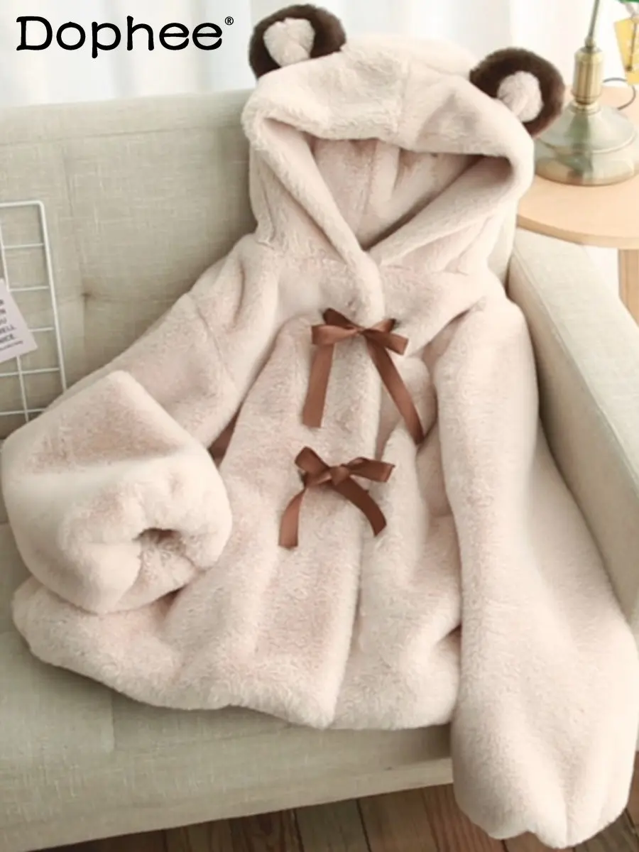 Sweet Japanese Plush Coats Women Winter Clothes Student Cute Bear Ears Thickened Imitation Rabbit Fur Luxury Cotton-Padded Coat