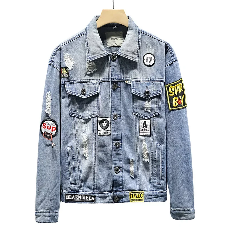 

New2022 Holes Jean Jackets Light Blue Denim Jackets and Coats High Quality Men Cotton Loose Denim Coats Printing Badge Casual Co