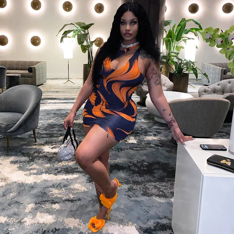 

Wishyear 2022 One Shoulder Mini Bodycon Dress Womens Night Club Sexy Outfits for Woman Chic Printed Summer Dresses