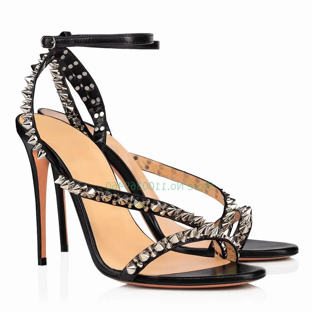 

Stylish Rivet Shallow Thin Heel Sandals Open Toe Solid Color Ankle Buckle Fashion European Style Summer New Arrivals Hign Heels