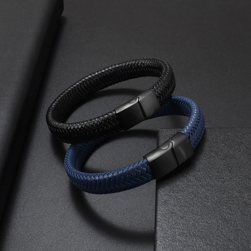 

New Fashion Classic Black Leather Bracelet Men's Hand Jewelry Gift Handsome Business Bracelet with Metal Magnetic Buckle