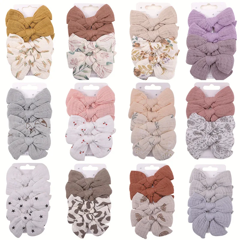 

4Pcs/set Linen Cotton Baby Hair Clips Muslin Bow Hairpin Toddler Girl Kids Flower Print Hair Accessories