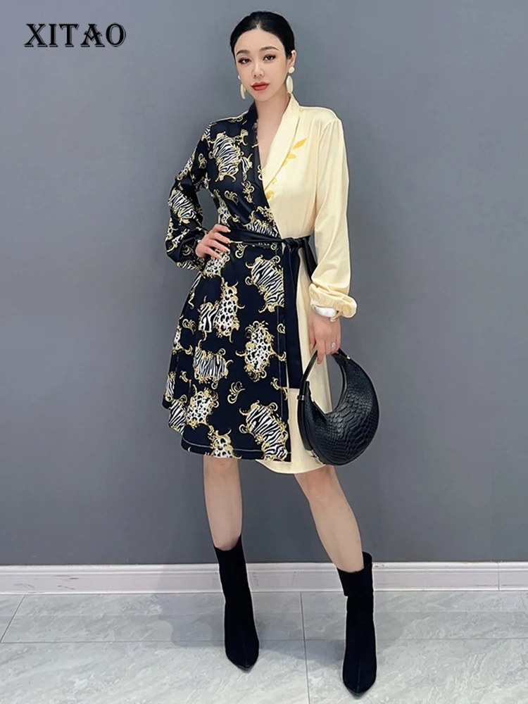 

XITAO Fashion Irregular V-neck Dress Personality Print Contrast Color Patchwork Women Autumn New Arrival Casual Dress HQQ1499
