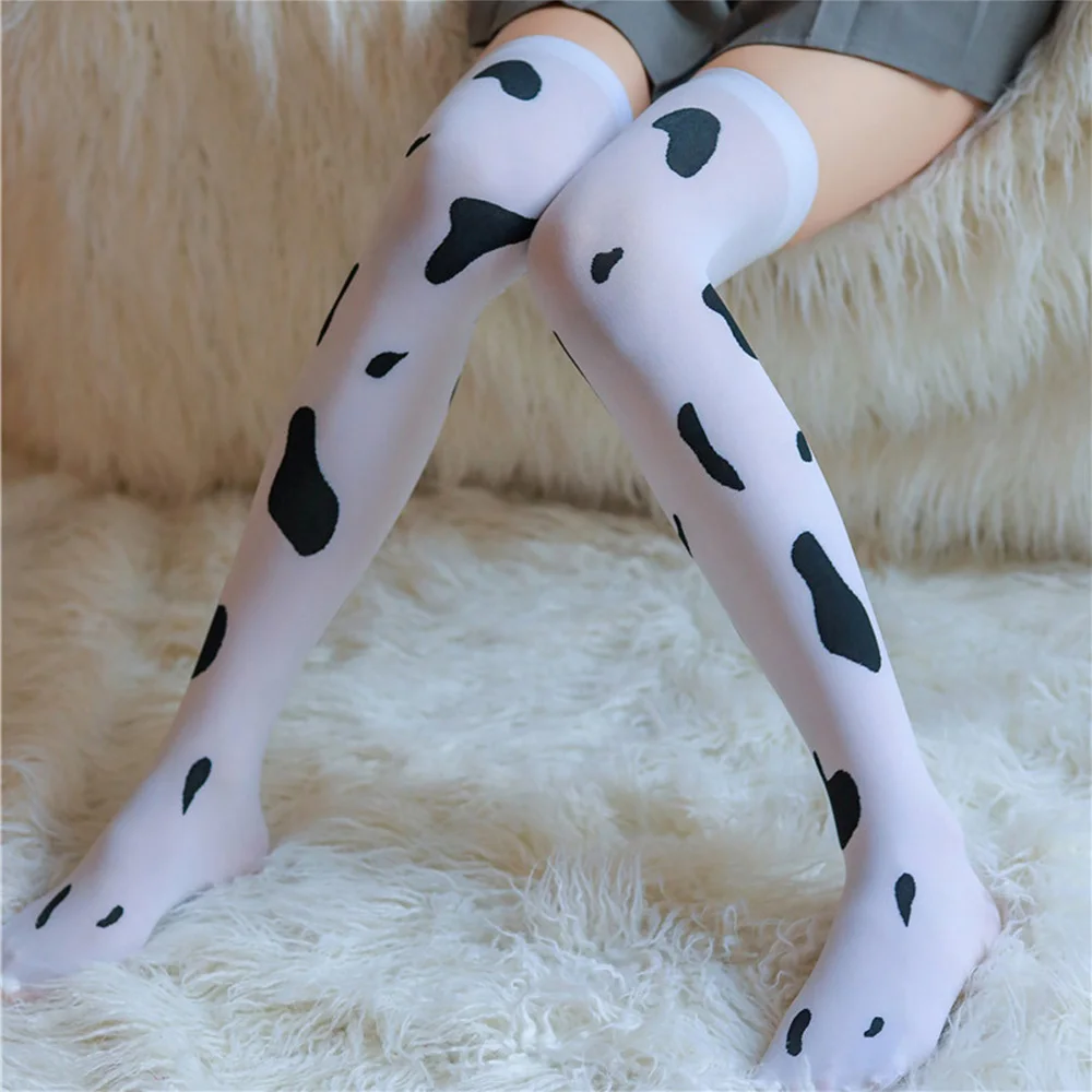 

New Womens Cosplay Costumes Stockings Kawaii Cow Spots Printed Thigh High Stockings Cute Lovely Milk Pantyhose Medias De Mujer
