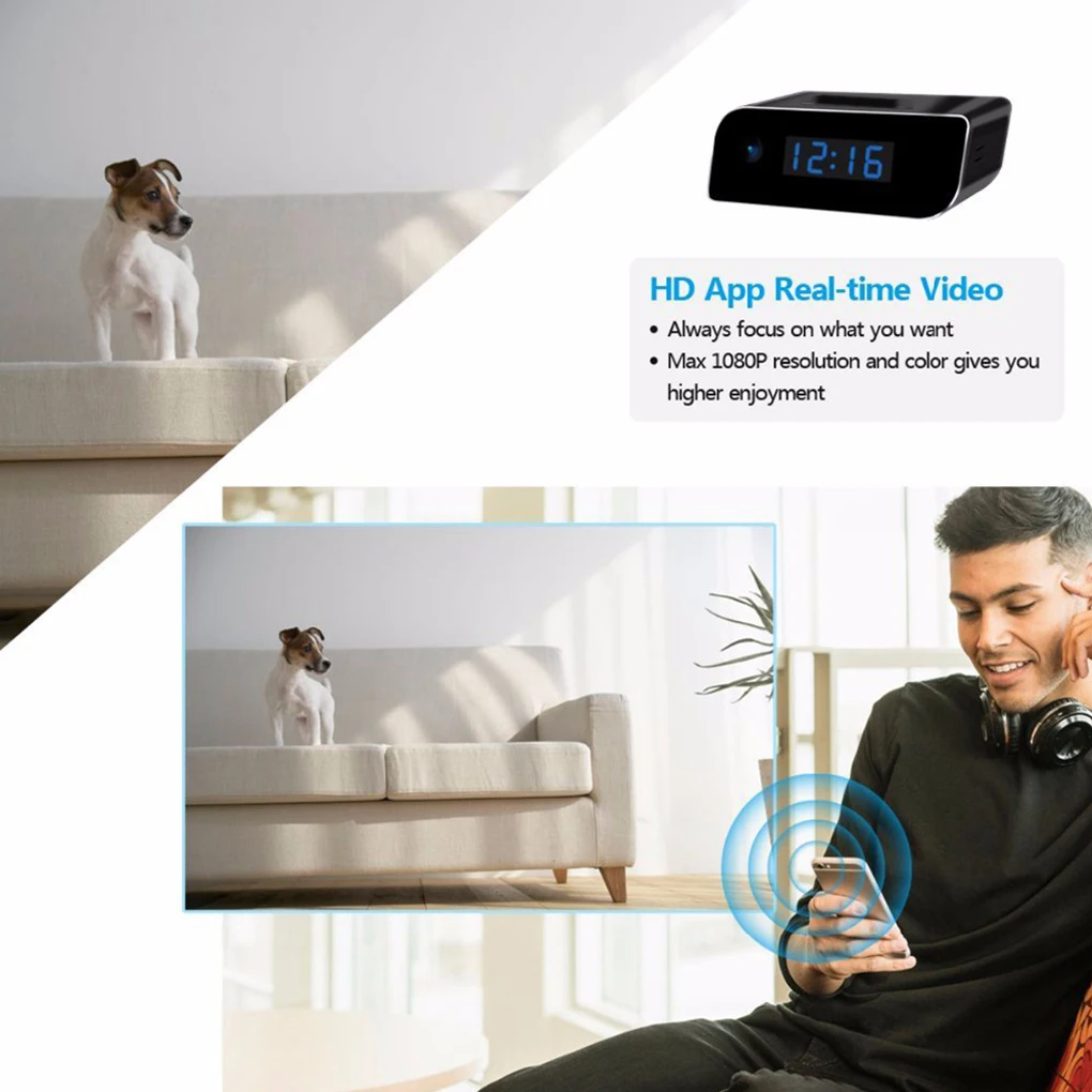 

1080P HD WiFi Camera Clock Motion Detection Infrared Computer Viewing Cam Security TF Card Camcorder Alarm Office