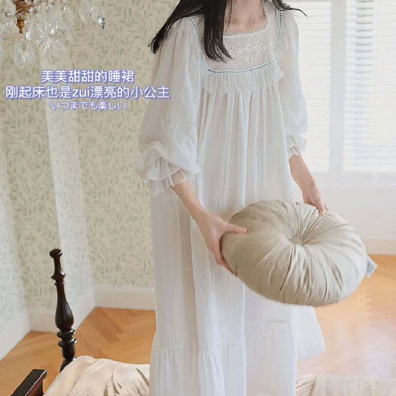 Винтажные белые хлопковые женские длинные ночные рубашки Свободная пижама с