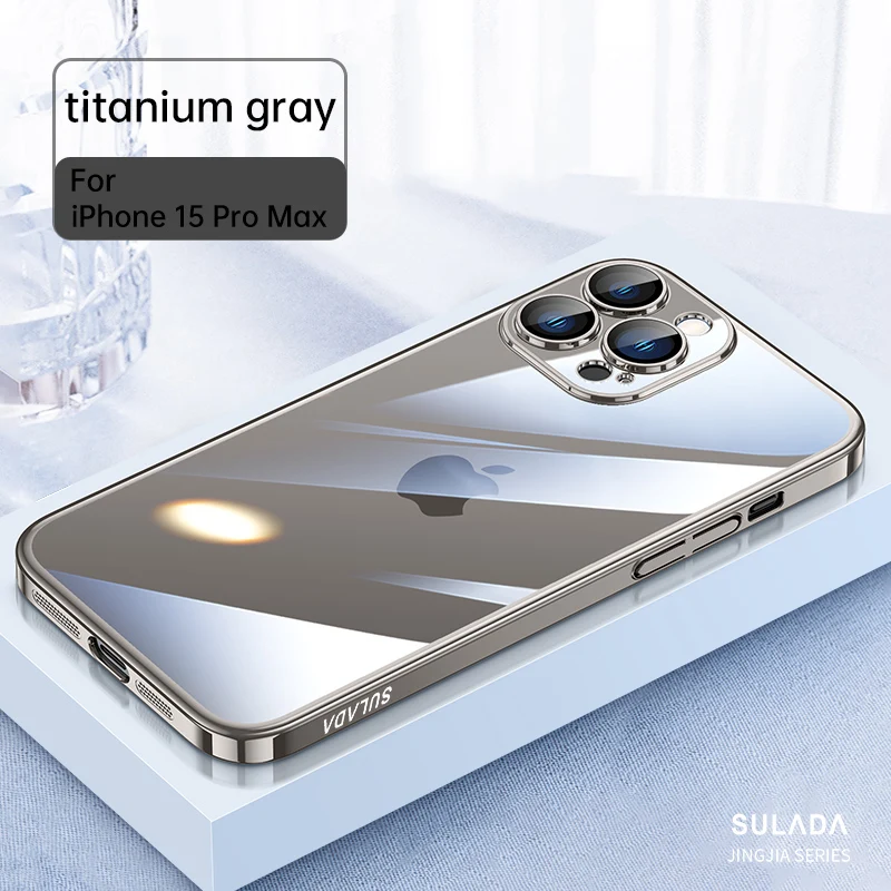 

Оригинальный глянцевый чехол Sulada с рамкой, прозрачный чехол из поликарбоната для iPhone 15 Pro Max Plus, Защитное стекло для объектива камеры, тонкий Чехол