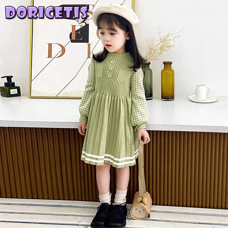 

Children Dress Contrast Color Half Turtleneck Striped Pleated Skirt Little Girl Spring Autumn New Go Out Activity Knitted Dress