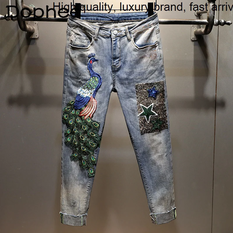 

Peacock Chic Embroidered Jeans Women Summer New High Waist Elastic Skinny All-Matching Denim Pants Female Cropped Pencil Trouses