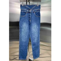 22 spring runway designer high waist jeans women button stretch petal waist jeans high quality new slim straight denim pants
