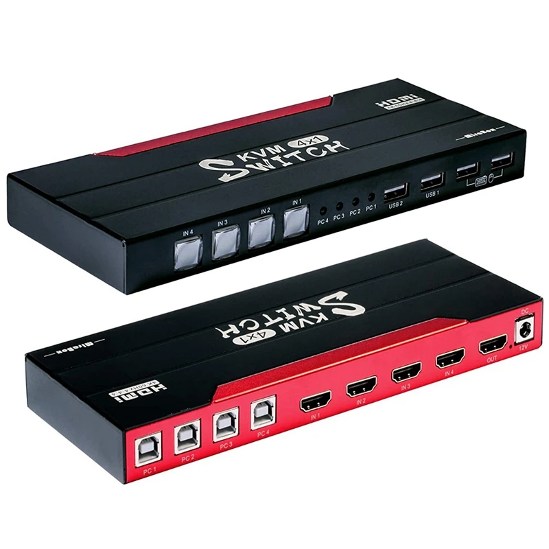 

Mirabox KVM USB HDMI-Compatible Switch 4-In-1 Output 4 PCs Share Monitor, Mouse, Keyboard, Printer, USB Disk,US Plug