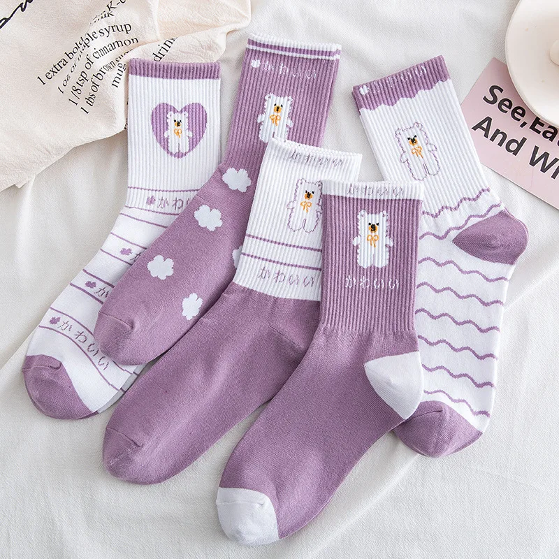 

1 Pair of Cute Cartoon Ladies Cotton Socks Purple Series Fashionable and Comfortable Bear Sock Japanese Interesting Cotton Socks