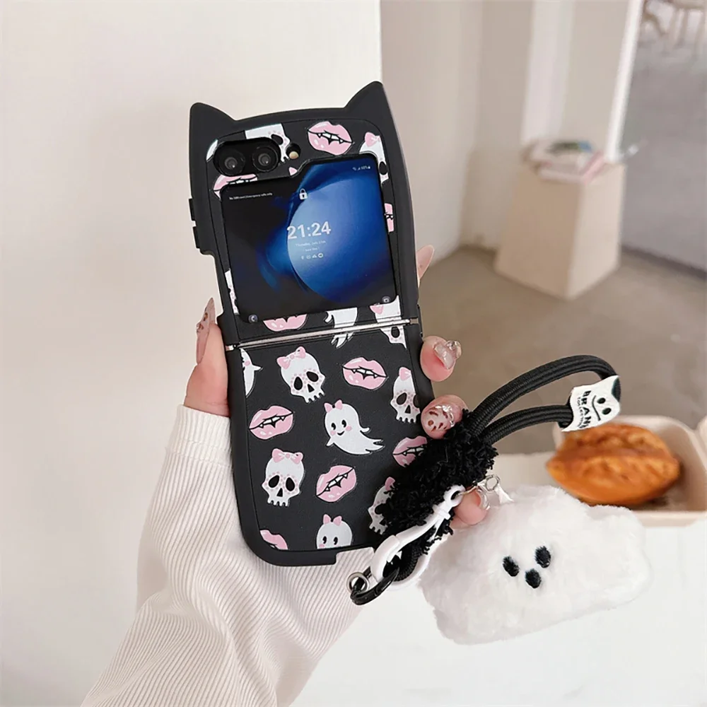 Розовый череп плюшевый призрак со шнурком чехол для телефона с 3D ушками и котом