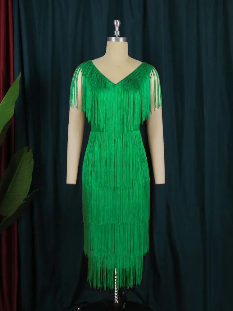 Evening Party Dresses Large Women's V-neck Sleeveless Plus Size Dress High-waisted Mid-length Fringed Skirt With Buttock Skirt