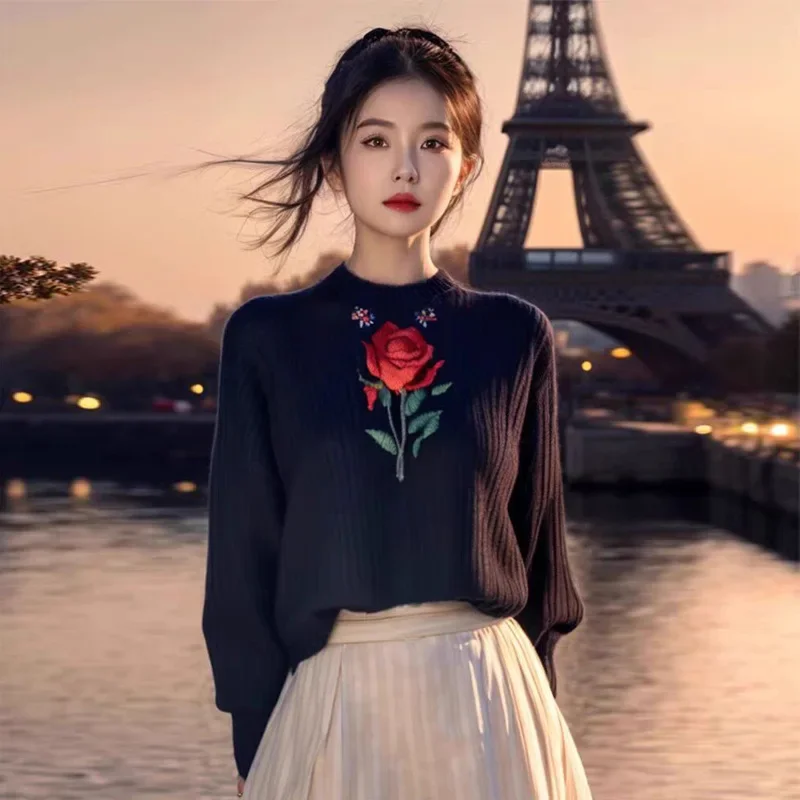 Винтажный свитер с вышивкой черной розы женский осенне-зимний 2024 новый вязаный