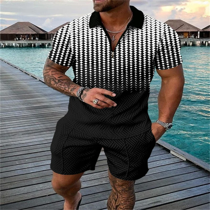 

2022 New Men's Gradient Suit Summer Short Sleeve Polo Shirt Shorts Suit Fashion Zip-Up Polo Shirt 3D Print Two Pieces S-4XL