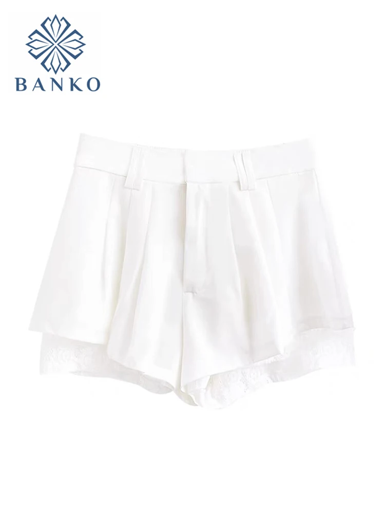

High Waist Shorts Women Loose Sexy Lace Patchwork Harajuku Summer Satin Wide Leg Shorts For Female Casual Fashion Solid Shorts