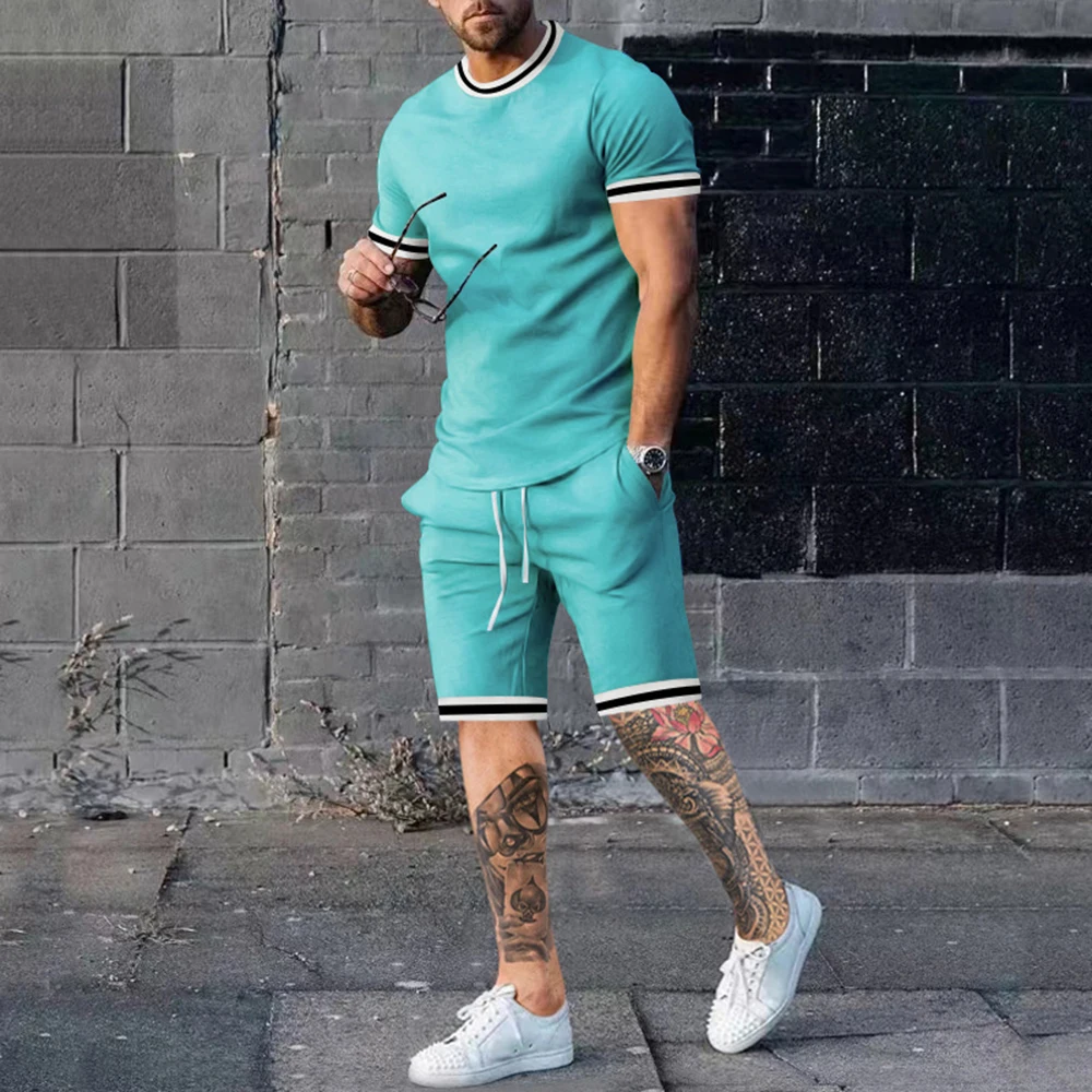 Casual Street Top Suit Men's 2023 Summer New Fashion Simple Solid Color Pullover Round Neck Short-sleeved Shorts Two-piece Set