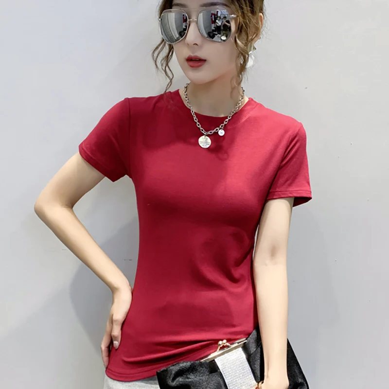 

2022 Summer New Slim Soft Cotton Short Sleeve O Neck T-Shirts Women Red Black Casual Korean Tee Shirt