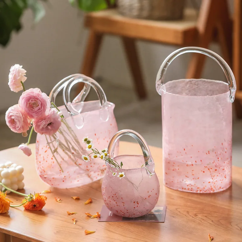 Pink wave point portable glass vase net red ins living room creative hydroponic transparent bag vase