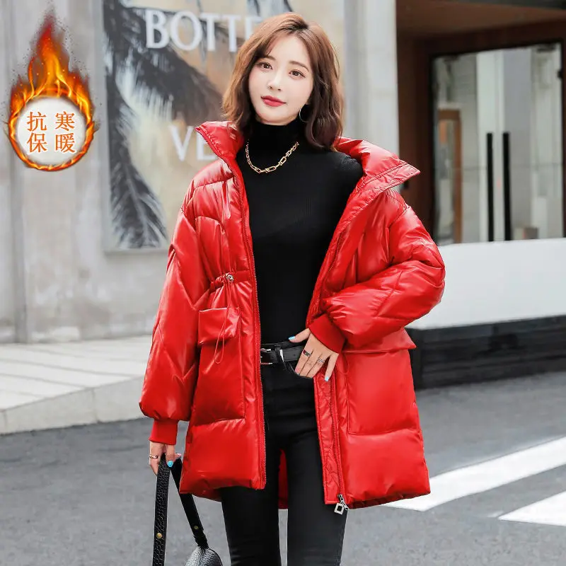 2022 Winter New Bright Surface Wash-free Down Padded Jacket Women's Mid-length Fashion Loose Waist Coat Thick Warm Down Jacket