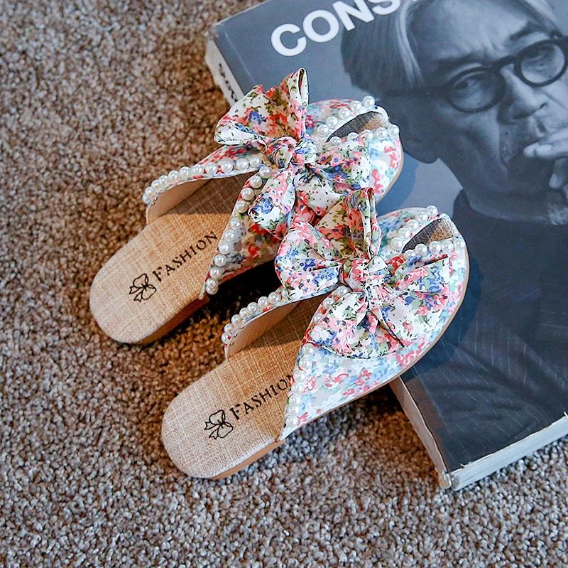 

Children Slippers Kids Summer Slippers for Girls Soft Floral Cloth Princess Sweet Indoor Outdoor Girls Pearls Slippers Bow-knot