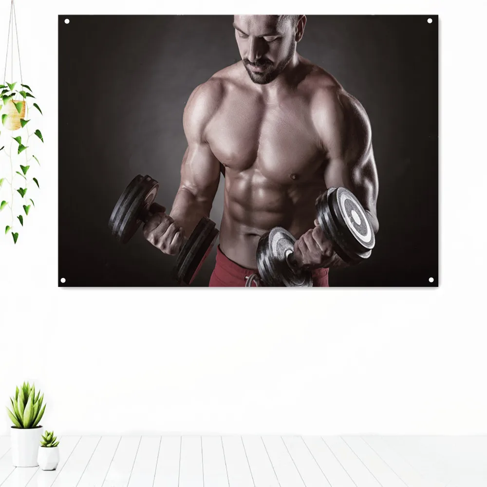 

Muscular Man Exercising With Dumbbell Inspirational Poster Vintage Fitness Workout Artwork Tapestry Decorative Banner Flag Mural