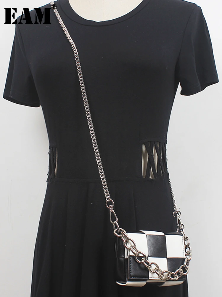 [EAM]  Pu Leather Black Plaid Mini-bag Long Chain Belt Personality Women New Fashion Tide All-match Spring Autumn 2023 1DE6684