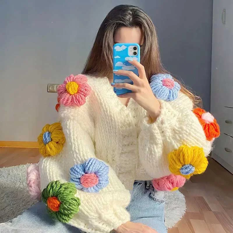 2022 Winter Women's Cardigans Multicolor Floral Knitted Decoration Long Sleeve Loose Coats Warm Sweaters 8 Colors