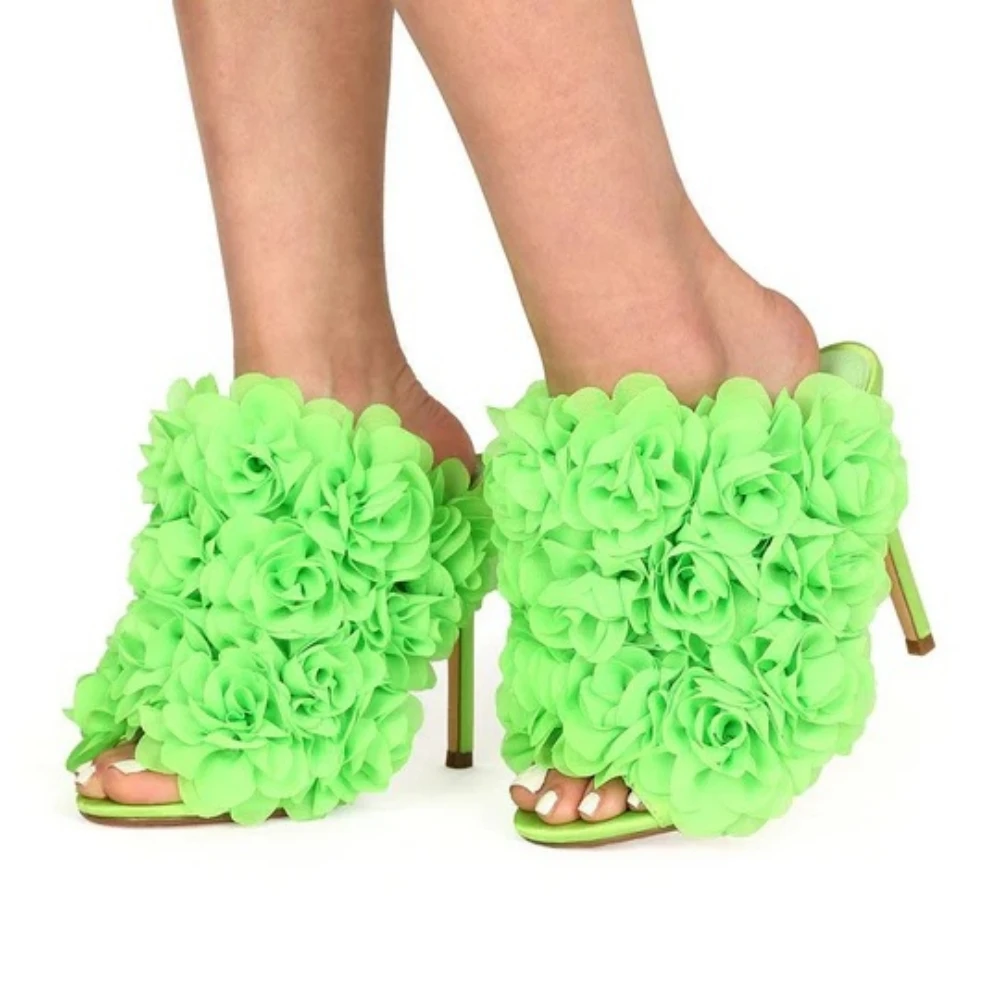 

Round Peep Toe Rose Embellished Stiletto High Heels Dress Runway Shoes Woman Slip-on Elegant Summer Sandals Slingback Slides New