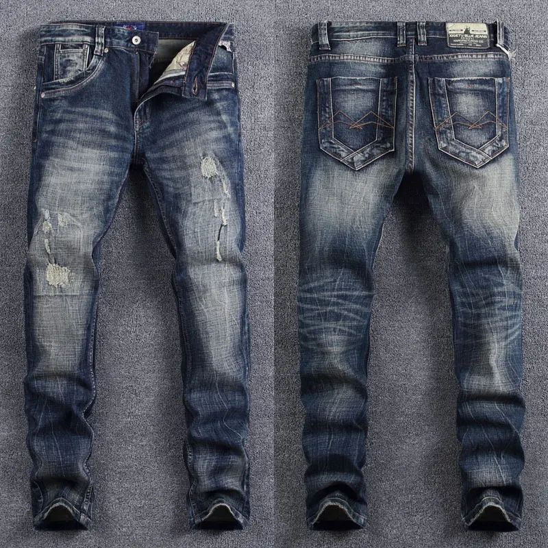 Italian Fashion Designer Men Jeans Retro Black Blue Stretch Slim Fit Ripped Jeans Men Embroidery Patchwork Vintage Pants Hombre