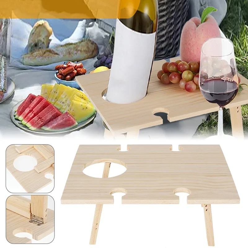 

Portable Wooden Picnic Table Outdoor Folding Square Garden Wine Picnic Table Travel Outside Picnic Desk Holder Snack Food Tray