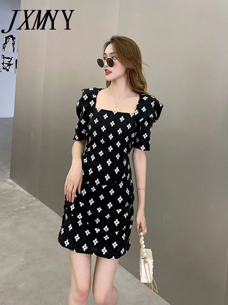 

JXMYY 2022 летнее Новое модное элегантное темпераментное платье с квадратным вырезом и пышными рукавами черная однобортная юбка с жаккардовой ...