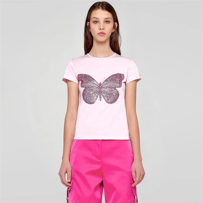

2022 summer new cotton round neck diamond short-sleeved T-shirt women's fashion butterfly pattern slim fit all-match short top