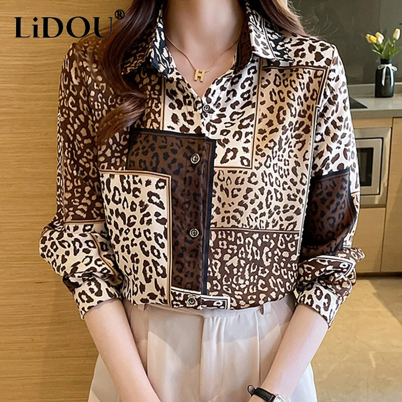 Фото Женская атласная рубашка с леопардовым принтом элегантная повседневная блузка