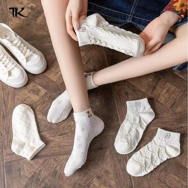 

Женские летние короткие носки 5 пар, милые хлопковые носки с рисунком медведя, летние дышащие белые сетчатые носки универсального размера