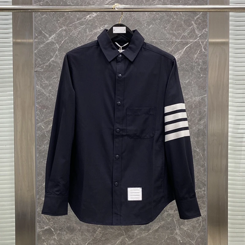 TB Fashion Wool Shirt Grey V-neck Business Shirt for Men White Bar Pocket Full Sleeve Turndown Collar Casual Shirt Man Clothing