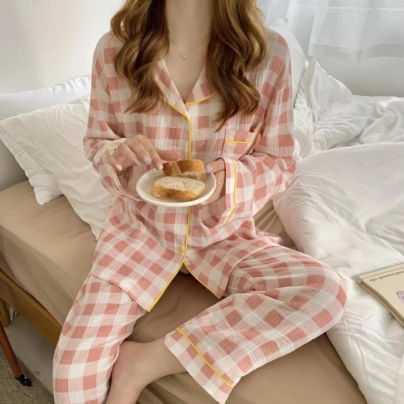 QWEEK Cotton Women's Nightwear Korean Sleepwear Plaid Pajamas Female Set Woman 2 Piece Pijama Long Sleeve Pyjamas Home Suit Pjs