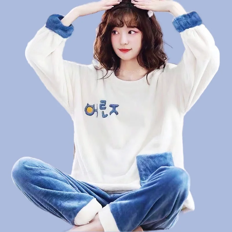 Women's Cozy Pajamas Set Flannel Pyjamas Cute Cartoon Print Homewear Full-Sleeve Long Pants 2Piece/Set Winter Sleepwear