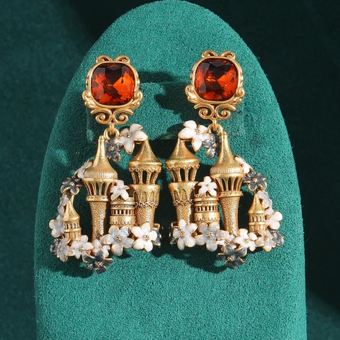 Винтажные висячие серьги с красным кристаллом и замком золотого цвета с цветком для женщин, аксессуары, ювелирные тенденции 2025, высокое качество, отпуск