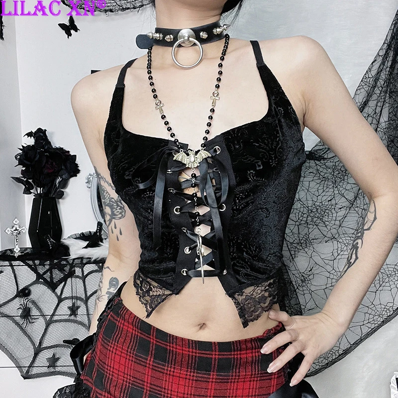 

Женский короткий топ с открытой спиной Goth бархат, кружево черного цвета Trim Corcet