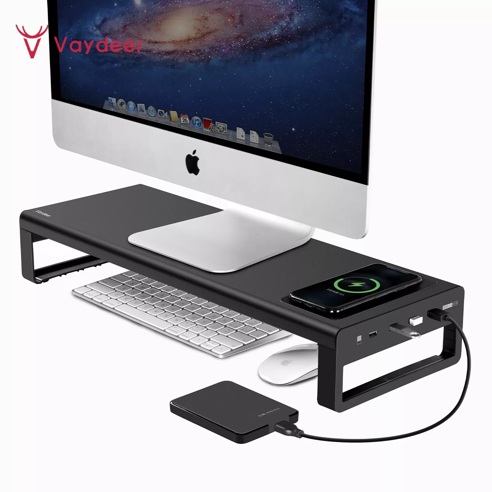 

USB3.0 Wireless Charging Aluminum Monitor Stand Riser Support Transfer Data and Charging,Keyboard and Mouse Storage Desk