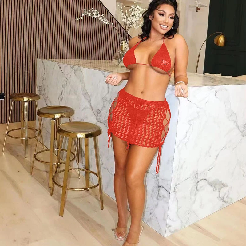

Hand Crochet Knitted 2 Piece Skirt Sets Summer Bra Crop Tank Top And Hollow Out Side Lace Up Bandage Mini Skirts Sexy Beachwear